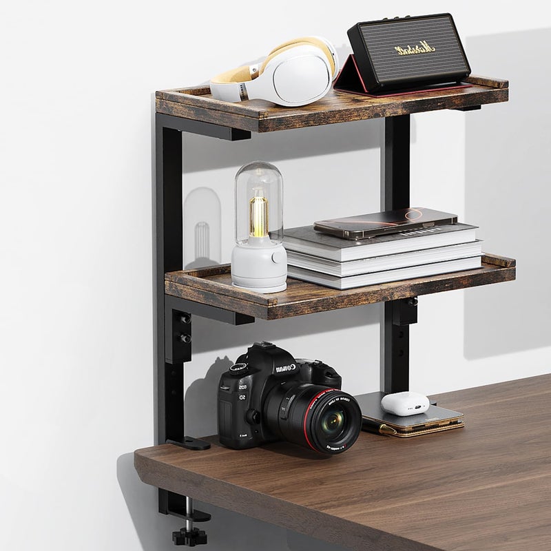 Spacrea clamp on Desk Shelf, 2 Tier Office Desk Shelves Organizer, Wood Desktop Supplies Storage Rack, Desk Organizers and Accessories (Wood) - Image 1